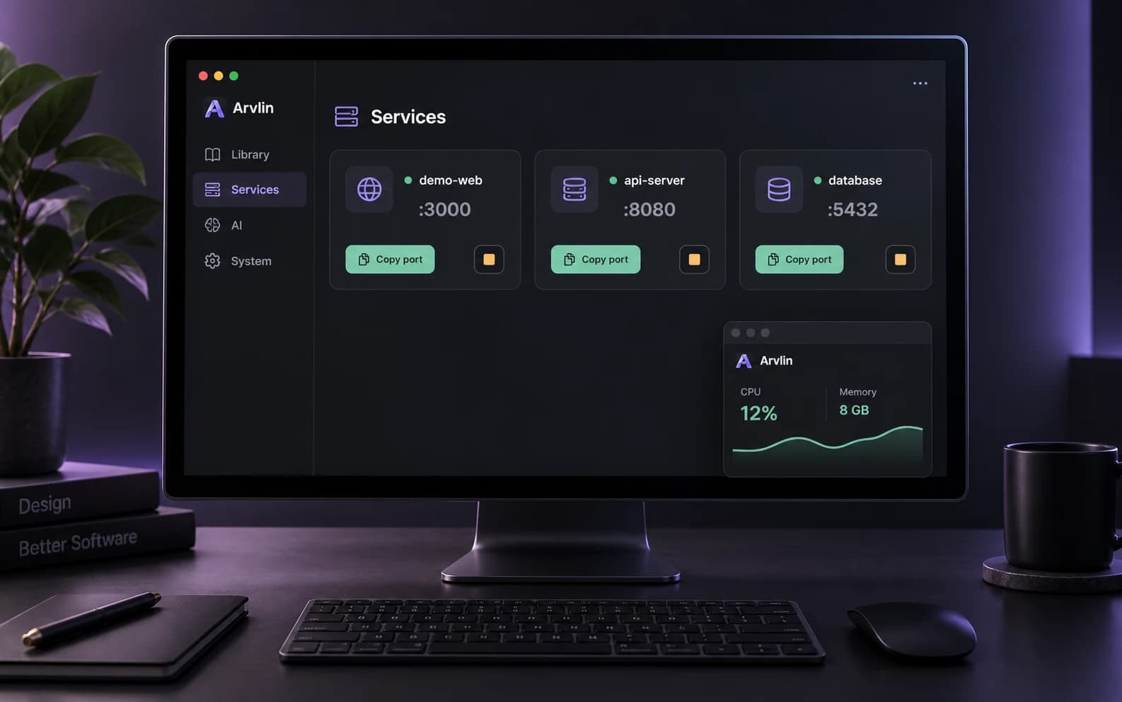 Arvlin services list with ports and projects